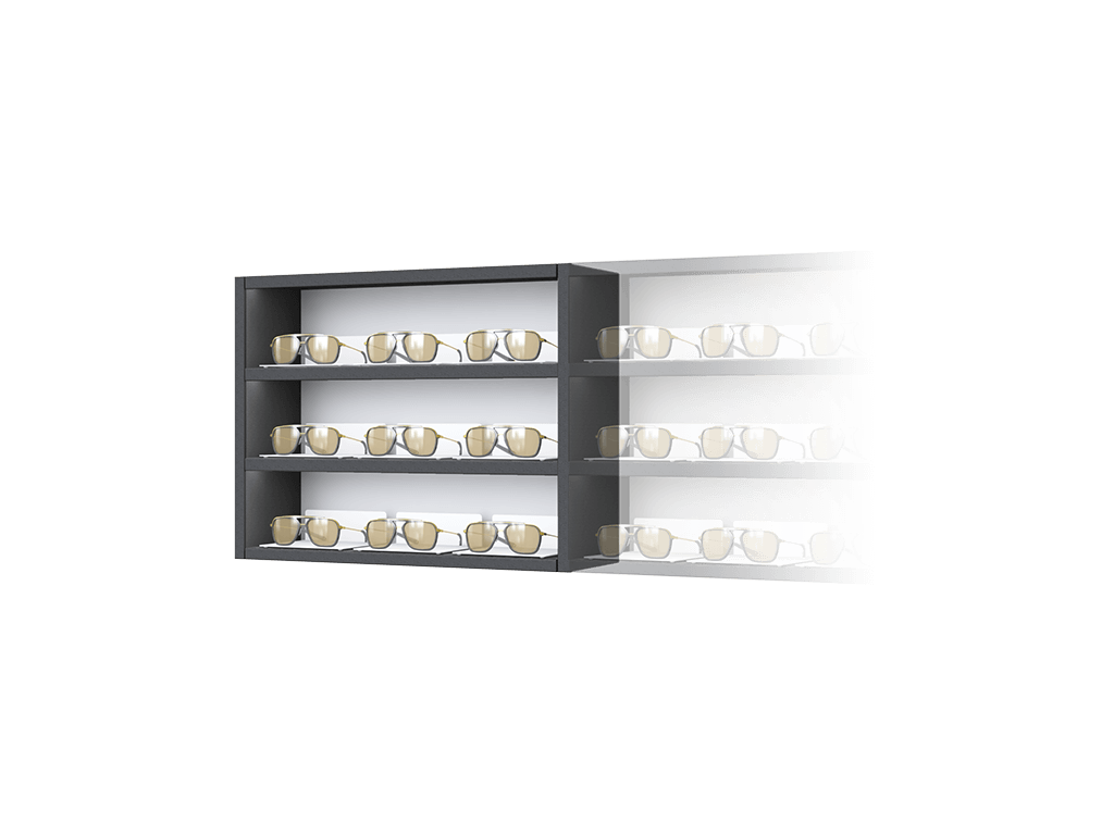 [CS.3x3.BL.TW-L] Carré with steel LED-shelves (50cm/3 shelves, 64cm, Black 9005, Traffic white 9016, Left)