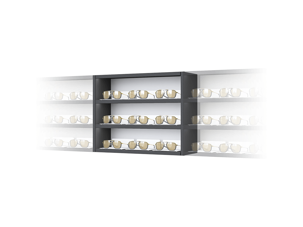 [CS.3x3.BL.TW-C] Carré with steel LED-shelves (50cm/3 shelves, 64cm, Black 9005, Traffic white 9016, Center)