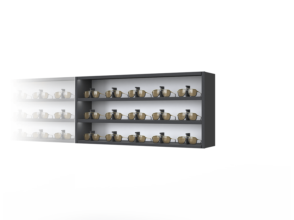 [CSR.3x5.BL-B.TW-R] Carré One with remote-lockable steel LED-shelves (50cm/3 shelves, Black, Black 9005, Traffic white 9016, Right)