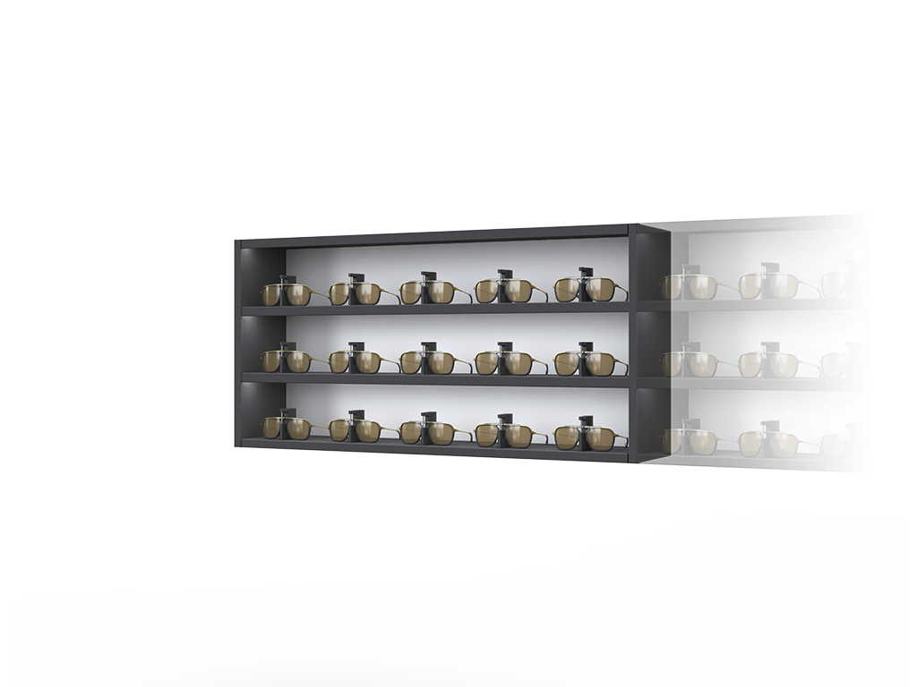 [CSR.3x5.BL-B.TW-L] Carré One with remote-lockable steel LED-shelves (50cm/3 shelves, Black, Black 9005, Traffic white 9016, Left)